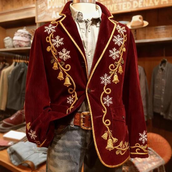 Men Corduroy Suit Coat Single-Breasted Suit Jacket Lapel Long Sleeve 3D Christmas Themed Print Slim Fit Suit Jacket Formal Stage Wear