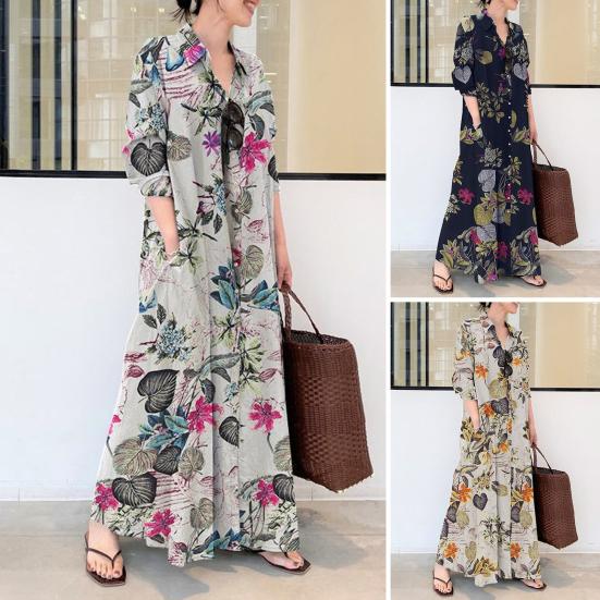 Dress Loose Colorful Flower Print Ankle Length Long Sleeve Pockets A-line Lapel Single-breasted Soft Breathable Maxi Dress