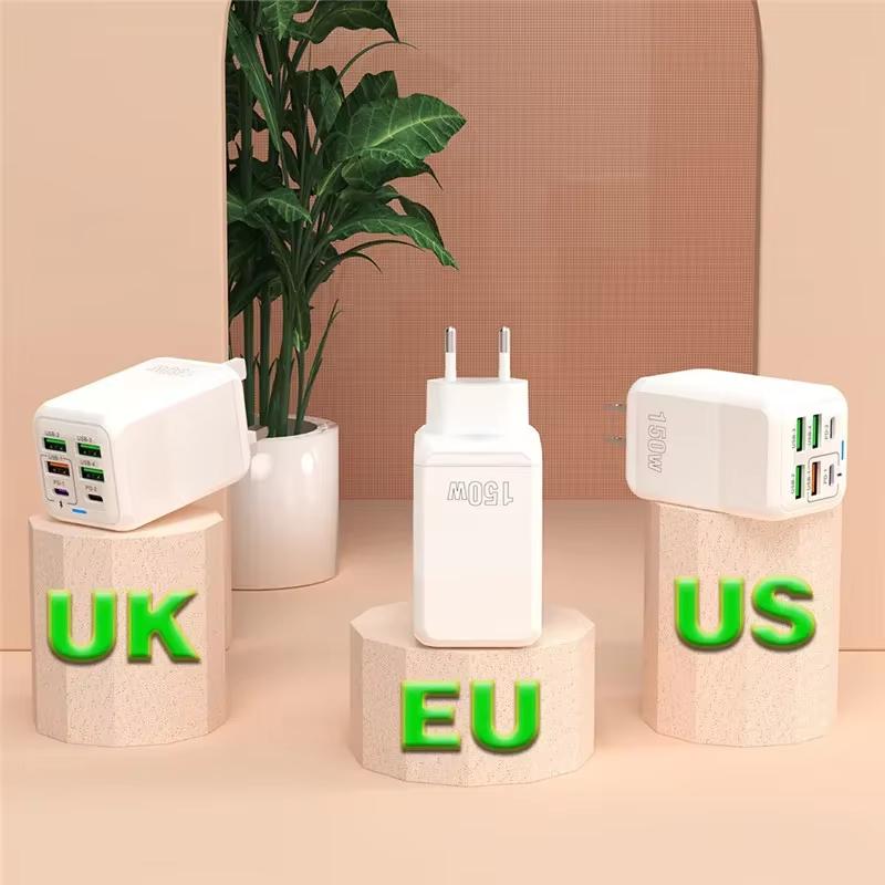 150W Ultra Fast Charger 6 Ports PD QC 3.0 Cable 6A Super High Speed Fast Charger EU US UK Plug For iPhone Samsung