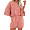 Ladies Casual Summer Suit Solid Colour Round Neck Short Sleeve Top Elastic Shorts Two Piece Set