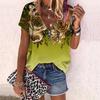 Women's Top Summer New Fashion Rose Flower Beautiful Flower Printed Casual Zipper V-neck Short Sleeve Top