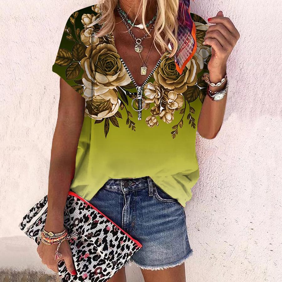 Women's Top Summer New Fashion Rose Flower Beautiful Flower Printed Casual Zipper V-neck Short Sleeve Top