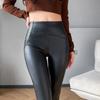 Women's Spring PU- Leather Pants Large Plush Leggings Tight Elastic Feet Windproof Motorcycle Pants