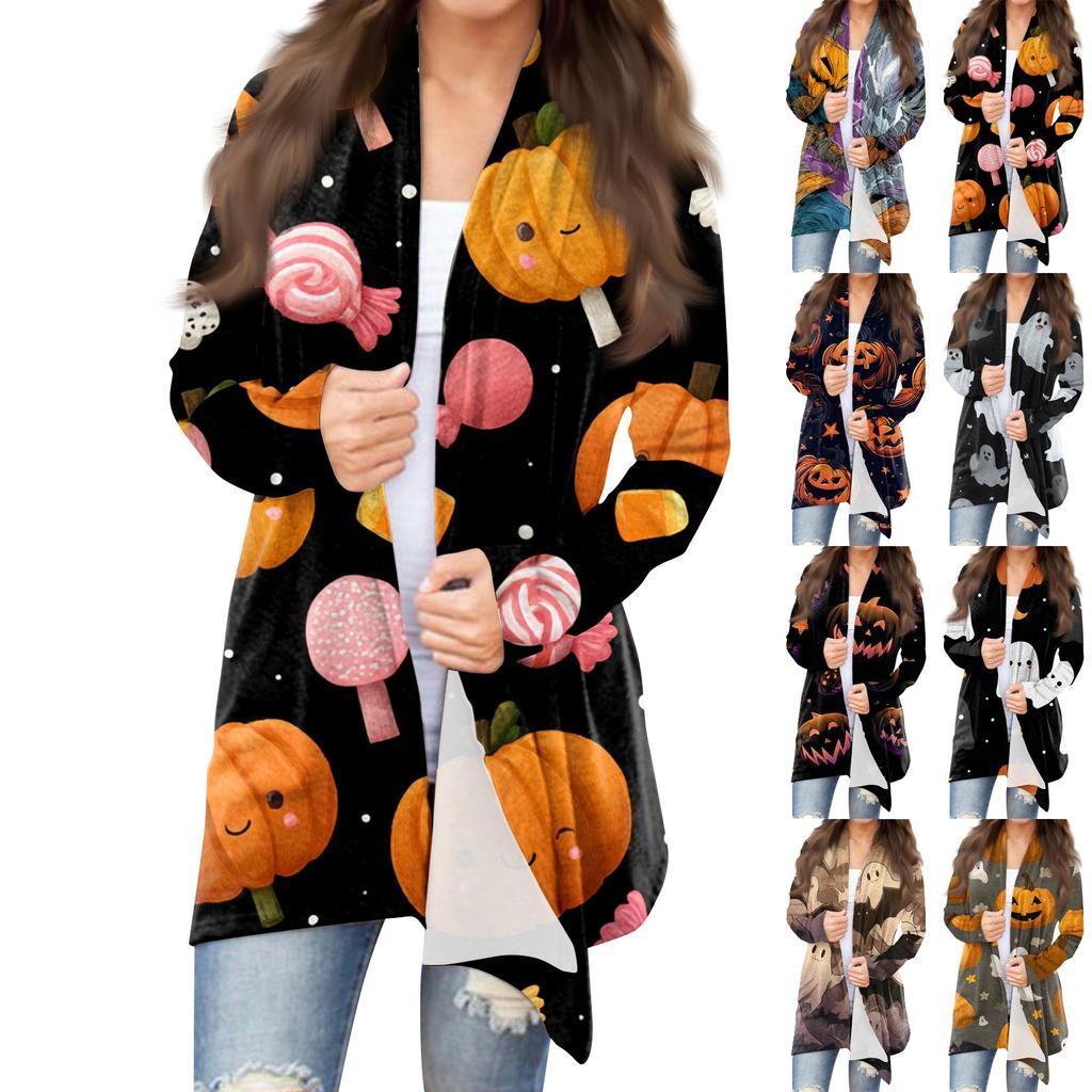 Women's Fashion Casual Halloween Printed Mid-Length Irregular Hem Cardigan Jacket
