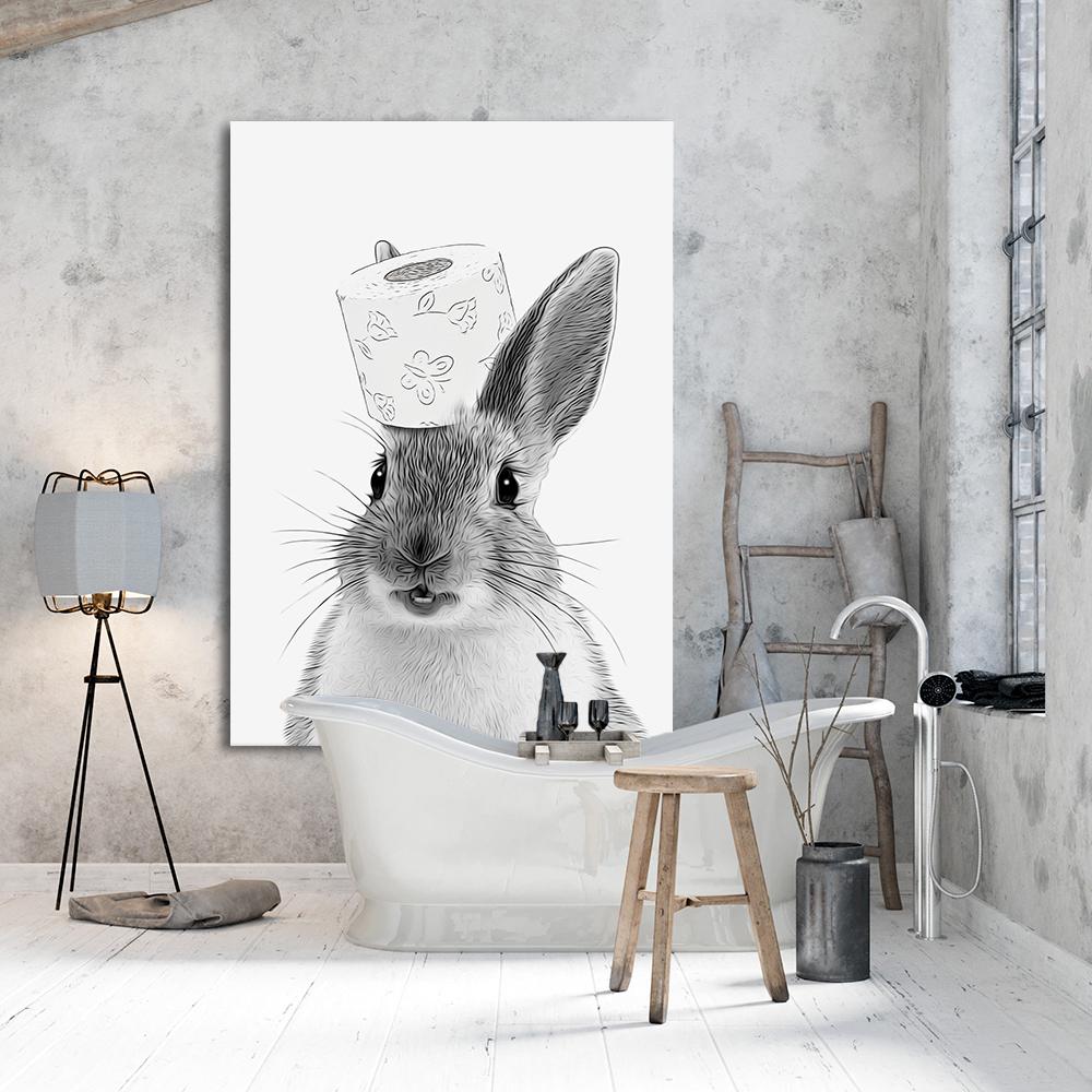 Bathroom Bunny Cat Dog Roll Paper Wall Art Canvas Painting Kids Room Decor Toilet Animal Poster Print Fashion Black White Murals