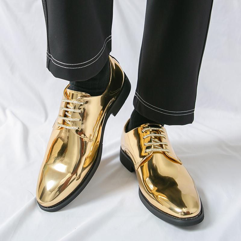 Britain Fashion Men's Pointed Mirror Pu Leather Gold Silver Casual Dress Homecoming Shoes Male Formal Wedding Oxfords Footwear