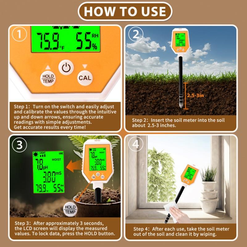 Yieryi 6-in-1 Soil Tester PH EC Moisture Sunlight Air Humidity Temp High Accuracy Conductivity PH Meter for Gardening Farming