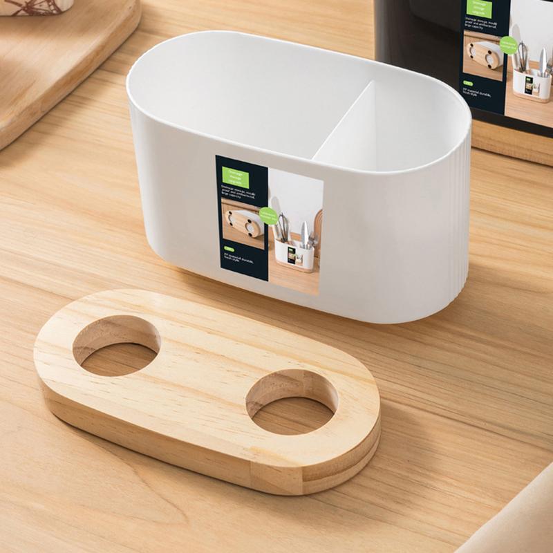 Kitchen Tableware Storage Bucket Utensil Holder Cutlery Drainer Plastic Chopstick Spoon Storage Rack with Wooden Base