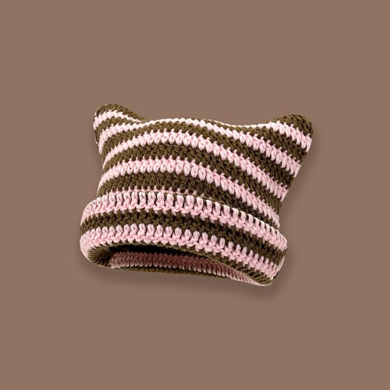 Cute Devil Horn Knitting Striped Beanie Hat Autumn Winter Knitted Wool Caps Girl Cat Ear Pointed Pullover Women Bonnet Hats
