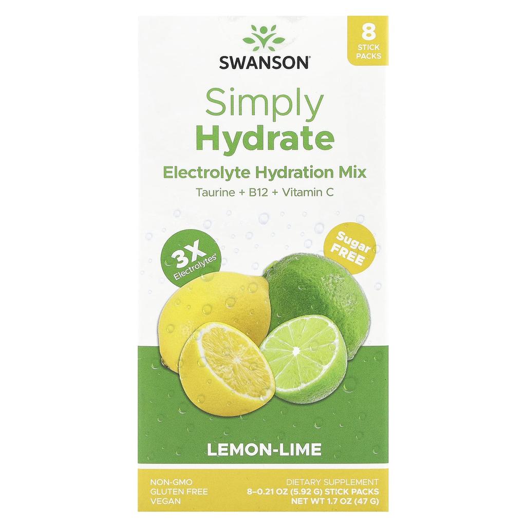 Simply Hydrate, Electrolyte Hydration Mix, Lemon-Lime, 8 Stick Packs, 5.92G (0.21Oz) Each