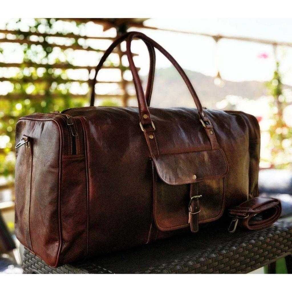Luggage Duffel Gym Bag New Men's Brown Vintage Genuine Leather Goat Hide Travel