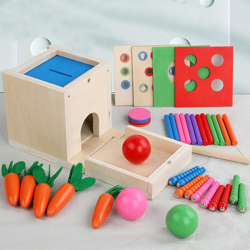 6-in-1 Wooden Montessori Toy Play Kit Object Permanence Box Play Set with Coin Box Carrot Harvest Shape Sorter Ball Drop Toy