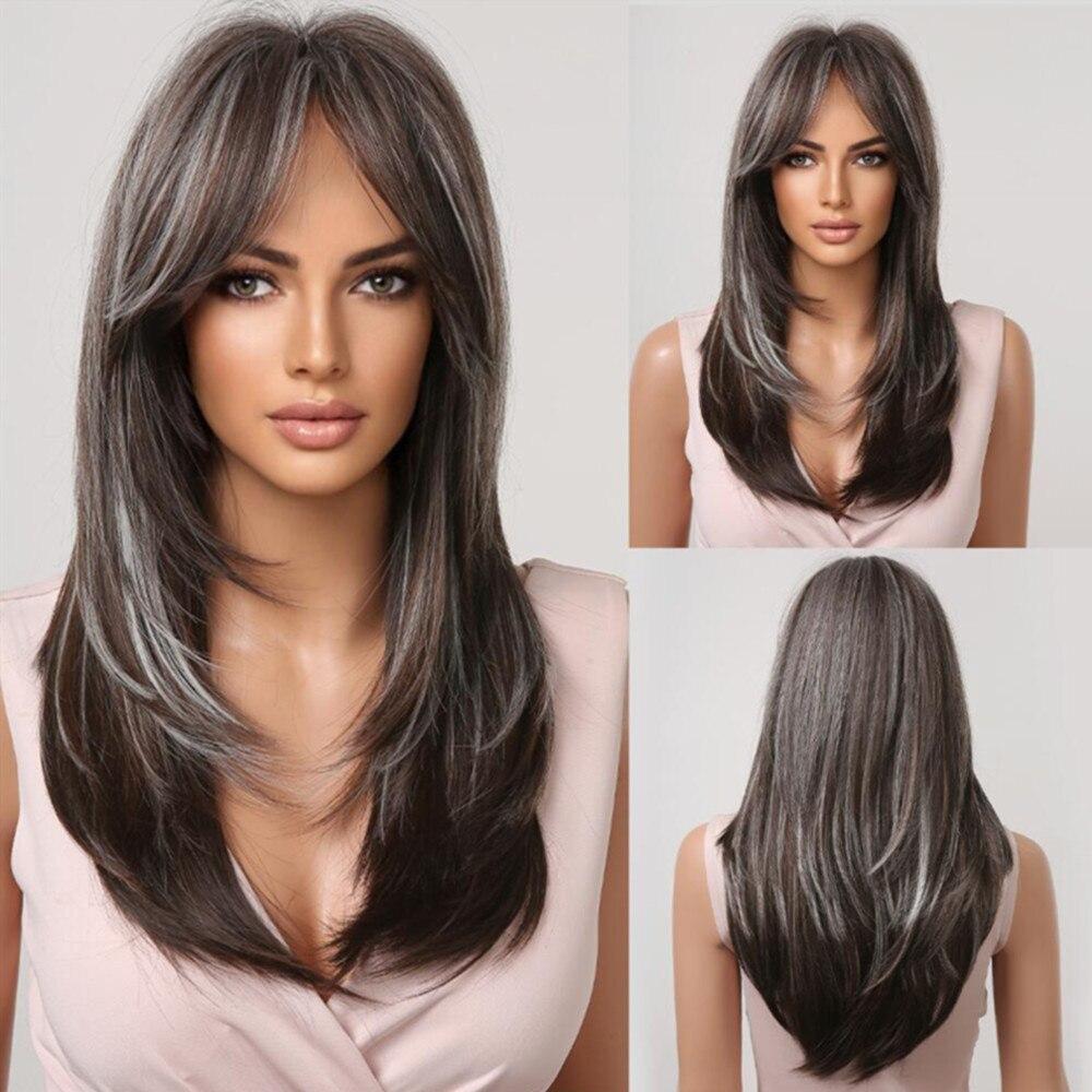 Long Brown Straight Layered Wig with Bangs Natural Looking Soft Synthetic Wigs Daily Party Use Fake Hair High Temperature Fiber