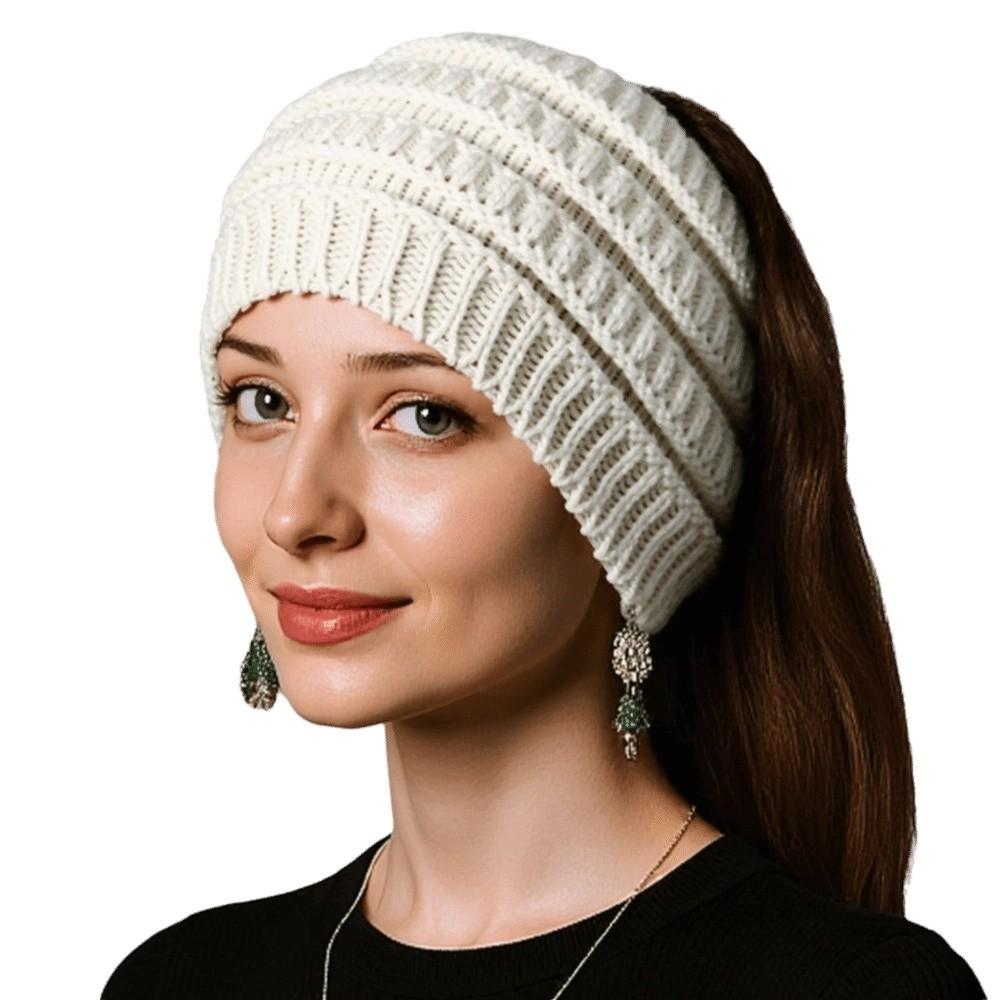 Solid Color Ponytail Beanie Hat Headwear Women's Hat Warm Knitted Hat  Winter