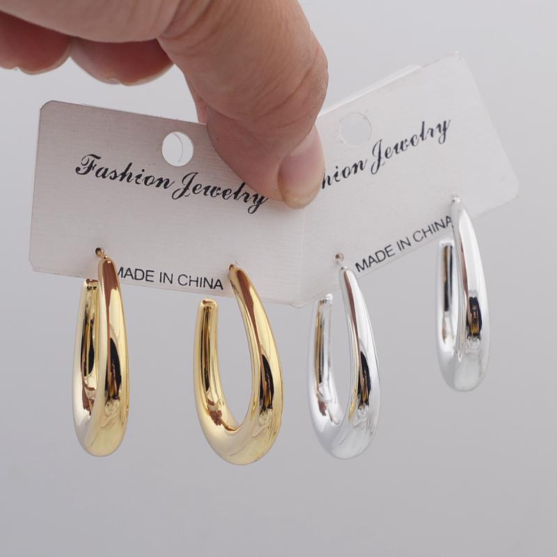 Gold Color U-shaped Smooth Metal Drop Earrings for Female Hollow Geometry Water Drop Oval Design Women's Dangle Earrings