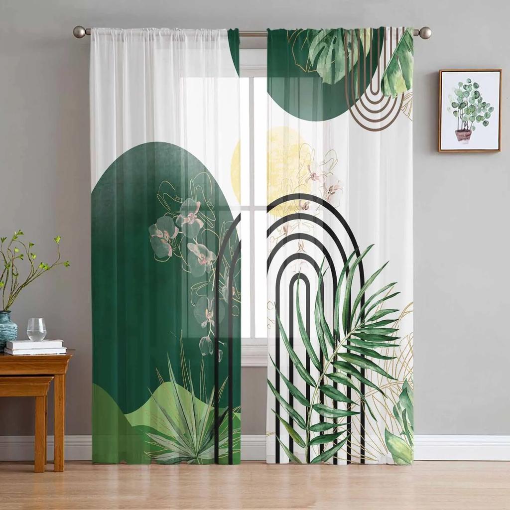 Boho Abstract Leaves Plants Tulle Curtains For Living Room Sheer Curtain For Bedroom Kitchen Blinds Voile Curtains