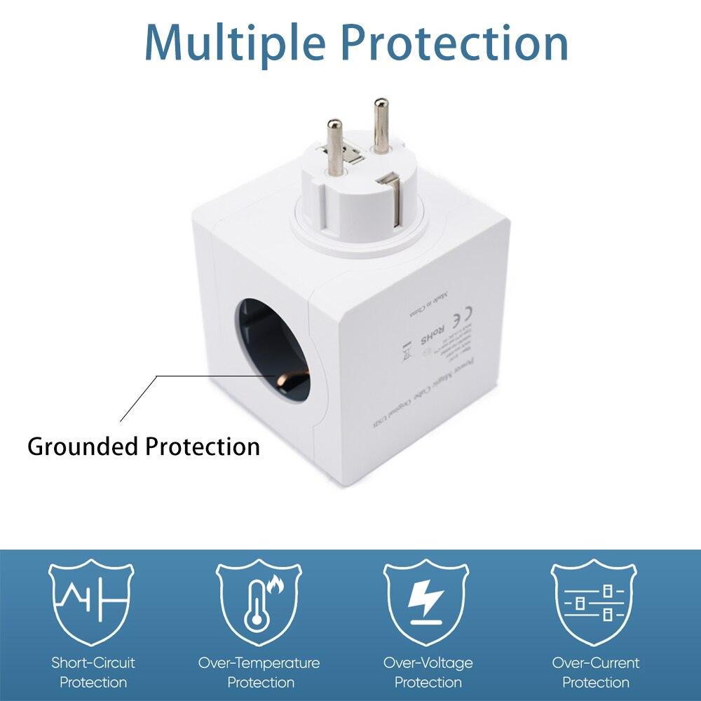 3680W 250V EU Plug Multifunction Adapter Cube Multi-Plug Extension Wall Outlet with 2 USB Charging Ports 3 AC Portable Sockets