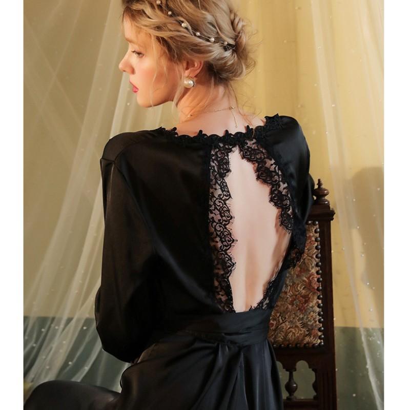 Autumn and Winter New Women's Long-sleeved Backless Sexy Robe Women's Satin Home Wear Long Bathrobe Pajamas