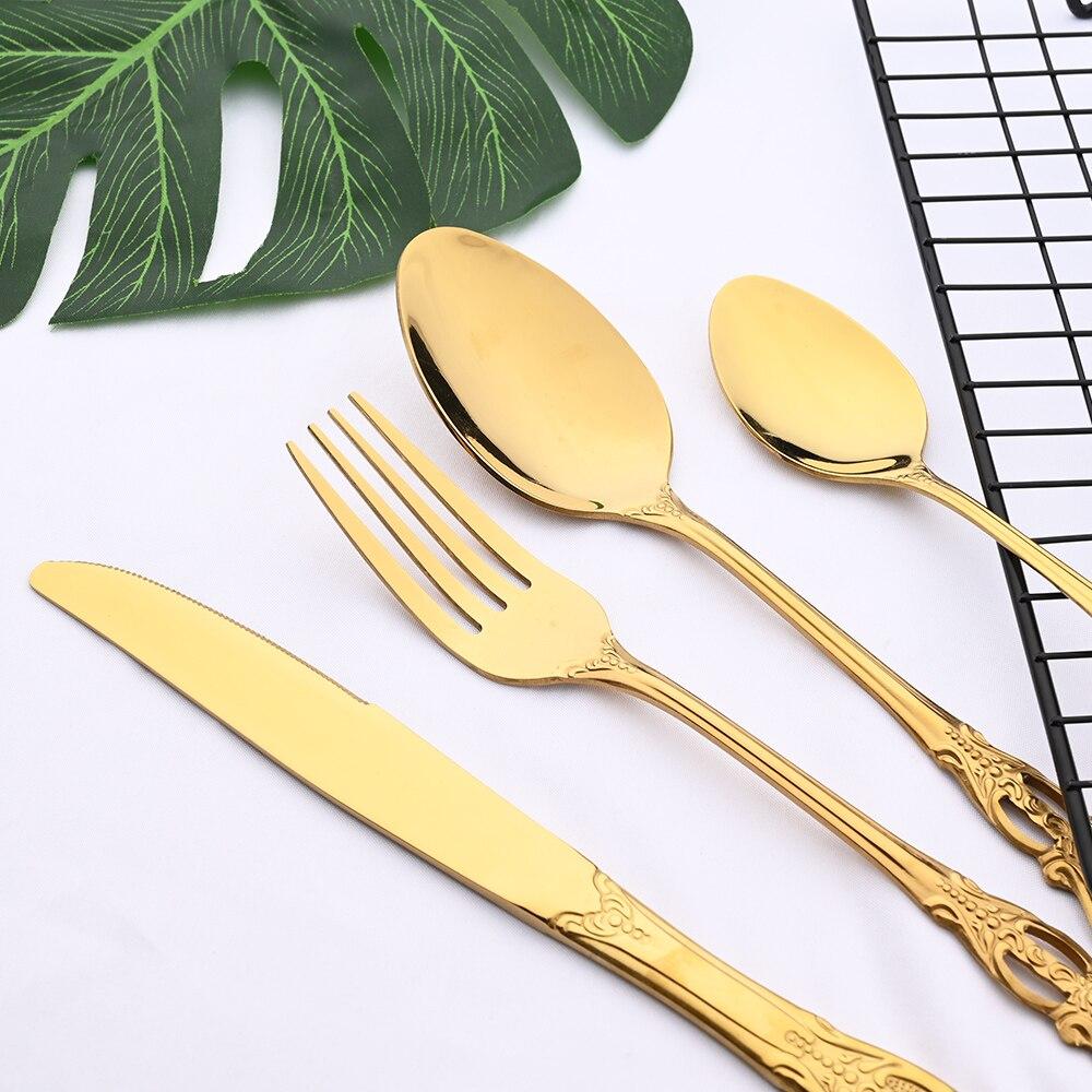 Vintage Western Gold Stainless Steel Plated Cutlery Luxury Dinnerware Set Dinner Knife Fork Ice Spoon Flatware Tableware