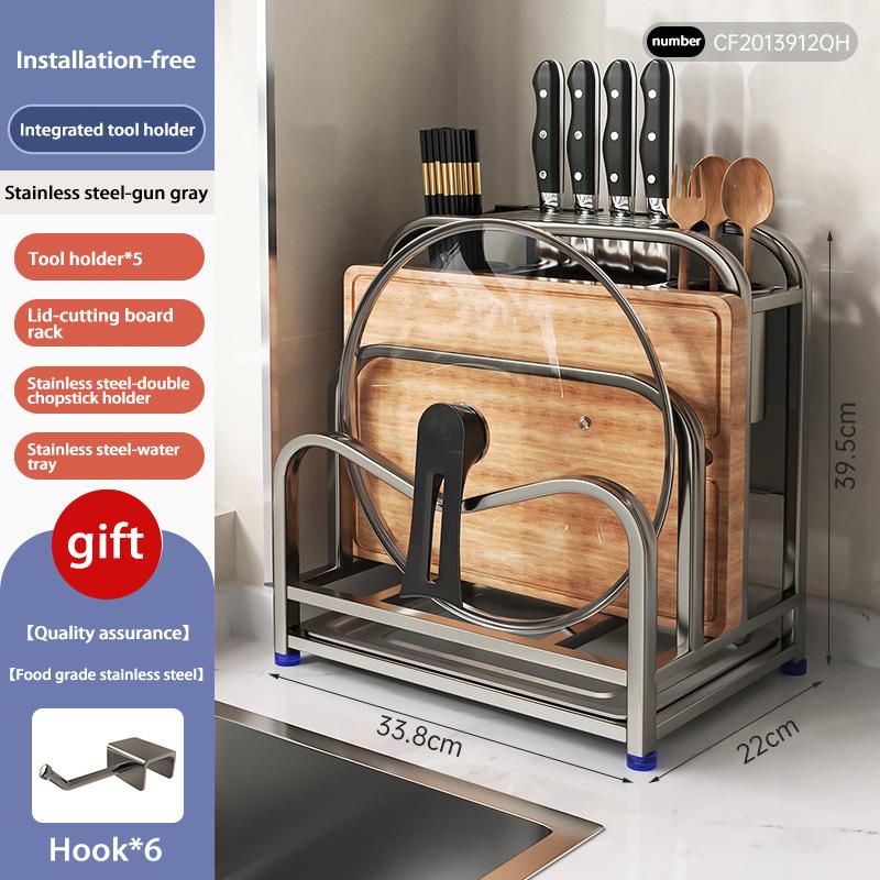 Multifunctional Knife Holder Stainless Steel Stand Home Kitchen Utensil Counter Cutting Board Rack Knife Pot Lid Storage Rack