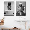 Modern Black White Cat Bathroom Art Raccoon Decor Poster Print Toilet Animal Reading Newspaper Canvas Painting Room Home Wall