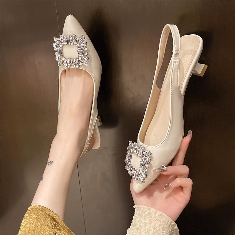 Summer Women Sandals New Women's Shoes Pointed Toe Shallow Nude Pink Diamond Shoes Low Heel Back Strappy Women Dress Shoes