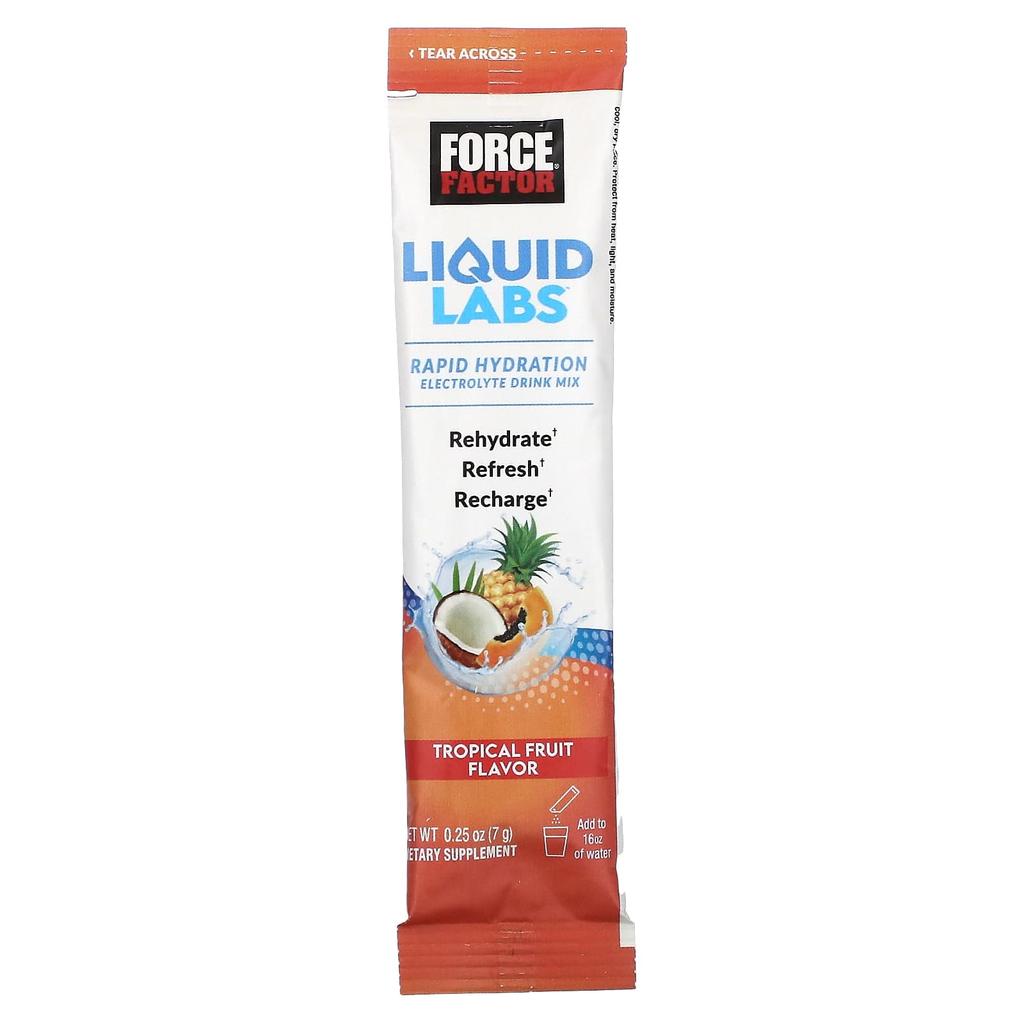 Force Factor, Liquid Labs, Rapid Hydration, Electrolyte Drink Mix, Tropical Fruit, 20 Stick Packs, 0.25 oz (7 g) Each
