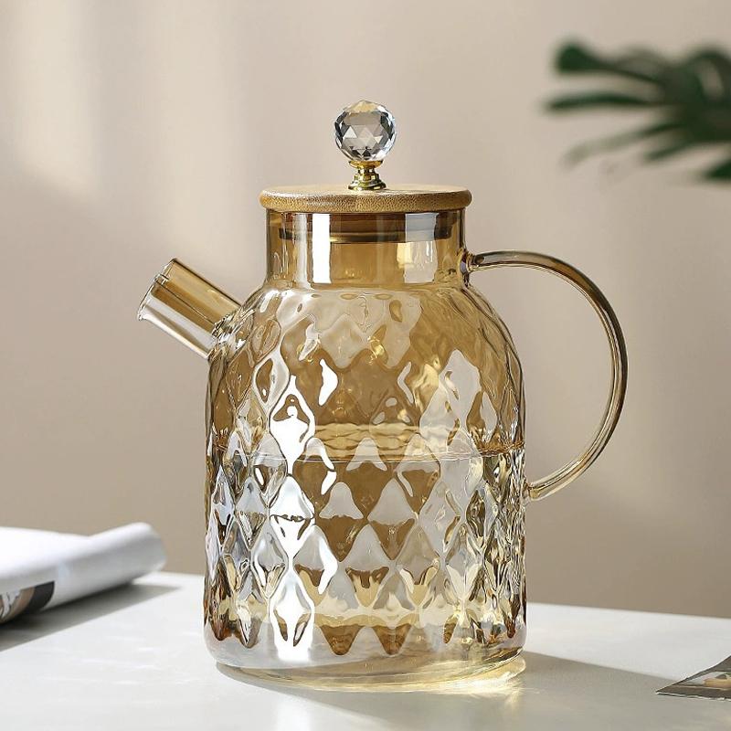Glass Tea Kettle With Bamboo Lid And Removable Filter Spout Champagne Teapot For Loose Leaf Blooming Tea And Fruit Tea 1/15/1.8L