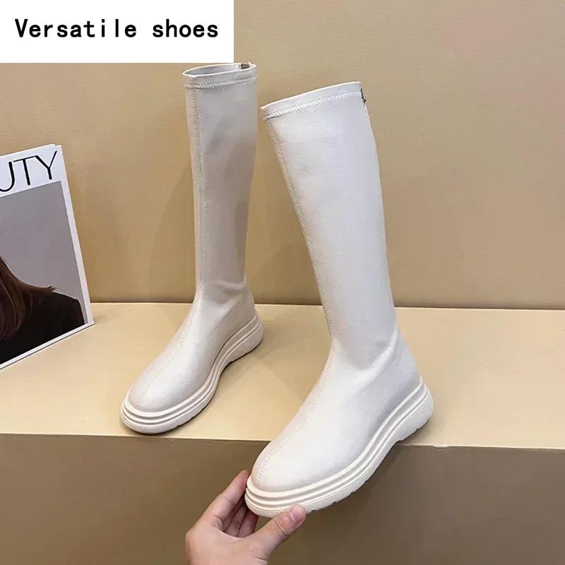 Winter Cotton Women's High Boots Fashion Soft Leather Back Zippers Long Botas Ladies Comfort Short Plush Knee High Booties