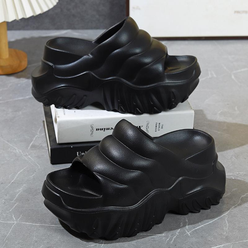 New High Heel 9 Cm Platform Slipper Women Summer Height Increasing Shoes Girl New Chunky Sole Slides Woman Wavy Pattern Slippers