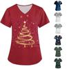 Women's Fashionable Christmas Printed Short Sleeved V-neck Top with Small Pockets T-shirt