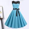 Lady Petticoats Plus Size O-Neck Sleeveless See-through Lace Stitching Ribbon Bowknot Gown Dress A-Line Skater Large Hem Midi Princess Dress
