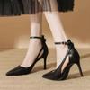 Spring New Single Shoes, Light Mouth Women's Shoes, Nude Pointed Toe, Thin Heel, Elegant One-word Buckle High Heels