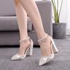 New White Pointed Crystal Wedding Shoes Thick Heels Super High Heels Bridal Shoes One-line Buckles Tassel Rhinestone Women's Sandals
