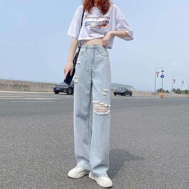 Summer High Waist Ripped Straight Jeans Women Loose Fit Thin Stretchy Wide Leg Comfort Trendy Pants
