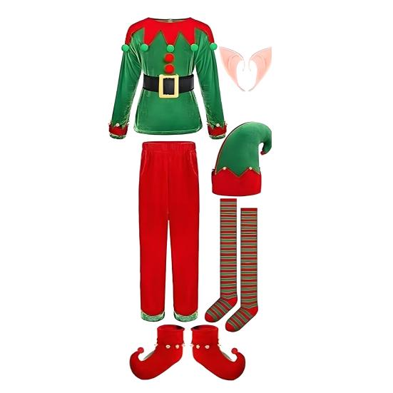 Christmas Elf Costume Set Boys Girls Festive Elf Outfit Kids Classic Red Green Elf Hat Stockings Set Dress-up Attire for Parties Cosplay Performance