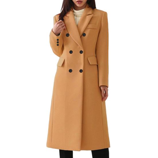 Women Fall Winter Coat Double-breasted Turn-down Collar Loose Solid Color Long Sleeve Button Decor Thickened Warm Windproof Lady OL Commute