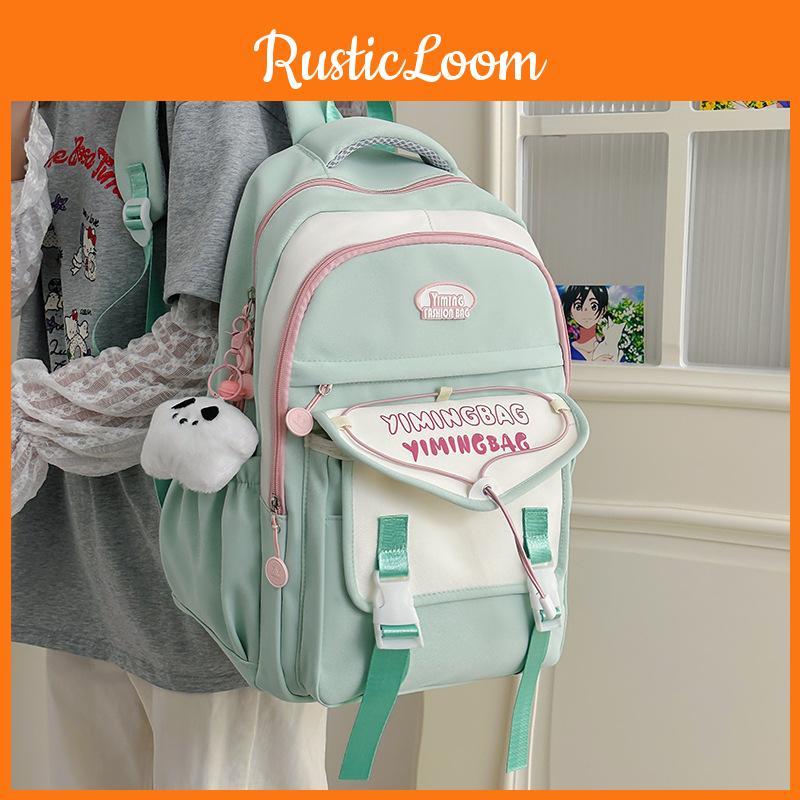 Color Cute Blocked Letter Printed Student Leisure Backpack With Pendant Plush
