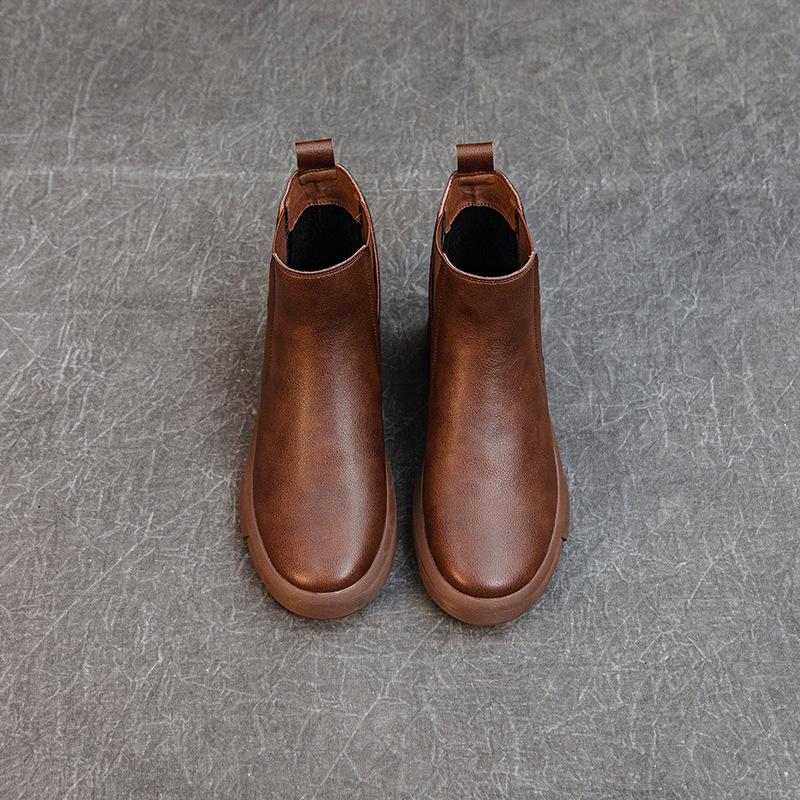 Women's Chunky Heel Retro Leather Chelsea Ankle Boots - Warm, Soft Sole, Handmade Martin Style