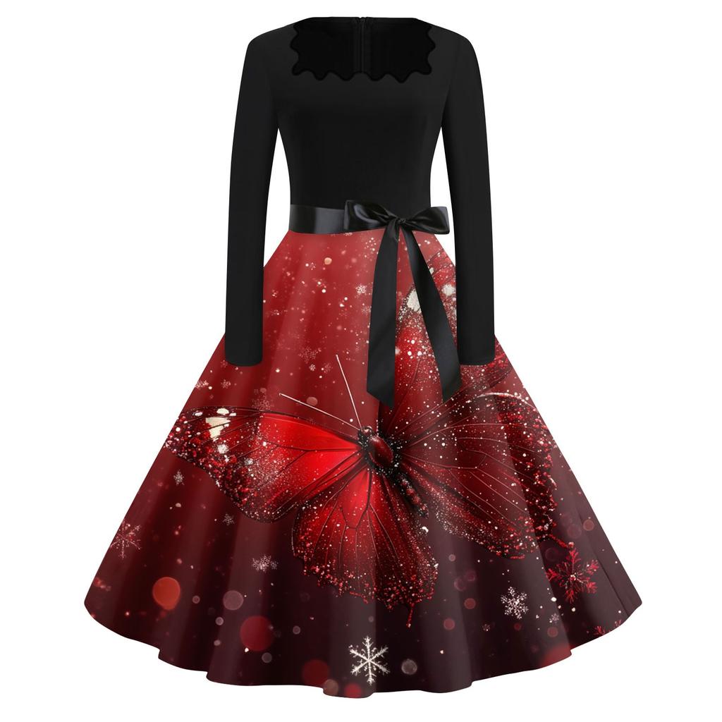 Women's Fashion Round Neck Casual Slim Christmas Printed Long Sleeve Dresses