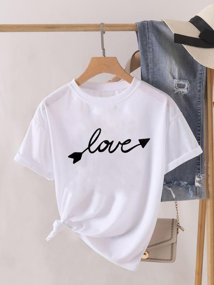 (Asian Size) Love Letter Trend Cute Short Sleeve T Shirt O-neck Tee Clothing Top Casual Fashion Print Lady Female Women Graphic T-shirts