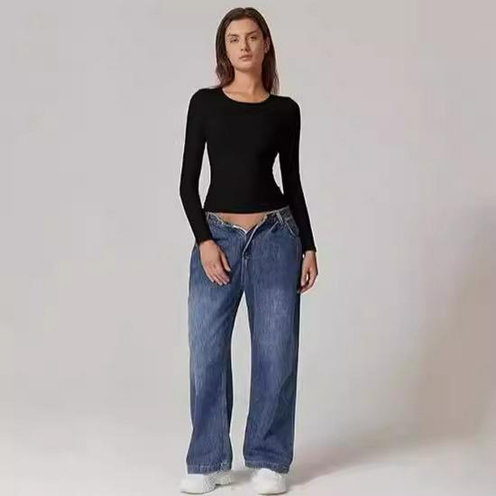 European & American Long Sleeve Round Neck Milk Silk Pullover Tops for Women