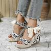 Large Size Women'S Leopard Print Wedge Sandals Women'S Summer Style Casual Fashion Ribbon Sandals