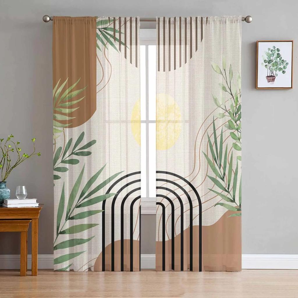 Boho Abstract Leaves Plants Tulle Curtains For Living Room Sheer Curtain For Bedroom Kitchen Blinds Voile Curtains
