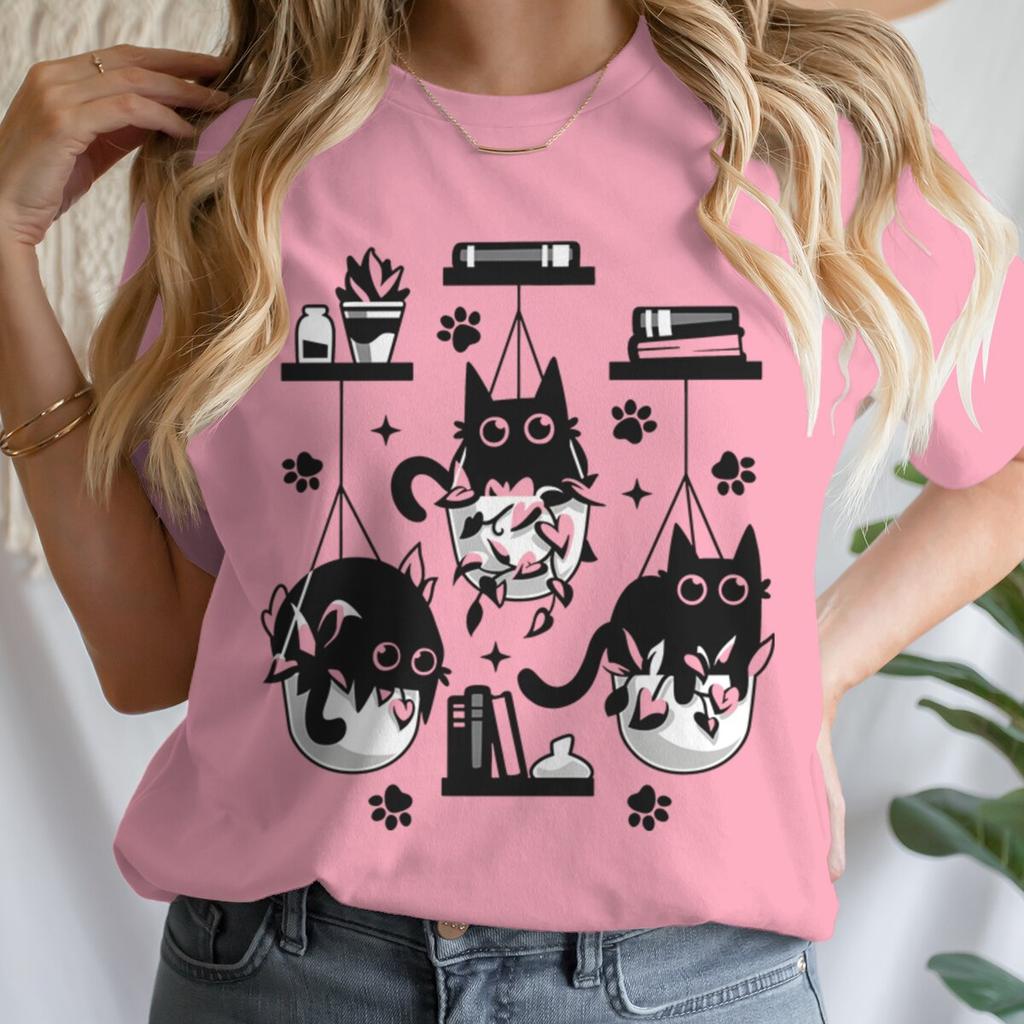 Women T-shirts New Ladies Casual Female Clothes Tops Black Cat Books Print Ladies Tees Tshirt Cartoon Graphic T-Shirt Clothing