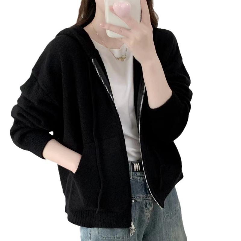 Autumn and Winter New Fashion Simple Double Zipper Hooded Knitted Cardigan Women's Solid Color Casual Loose Sweater Jacket