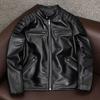 New Genuine Sheepskin Leather Jacket Men Slim Fit Biker Jacket Short Stand Collar Youth Fashion