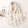 Elegant Cotton and Linen Women's Scarf with White Floral Prints and Handmade Tassels