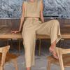Spring Summer Women's Holiday Linen Pant Set Crop Tops Solid Outfits 2 Two Piece Matching Set
