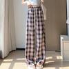 Plus Size Vintage Plaid Rhinestone Wide Leg Pants for Women Summer Thin High Waist Slim Drawstring Straight Casual Pants